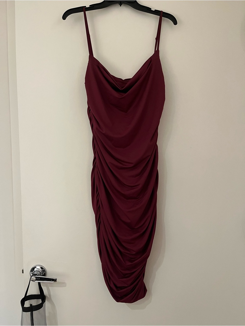 Women's Burgundy Ruched Slip Dress with Slit